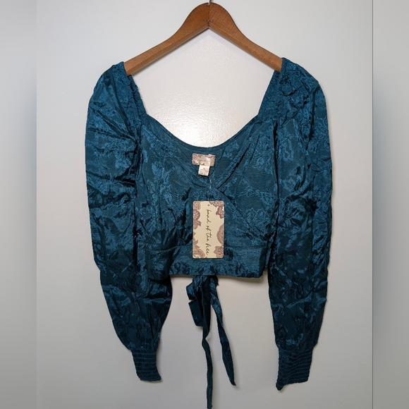 Free People Teal Jacquard Wrap Crop Top XS Romantic Boho NWT Cottagecore - Picture 3 of 5
